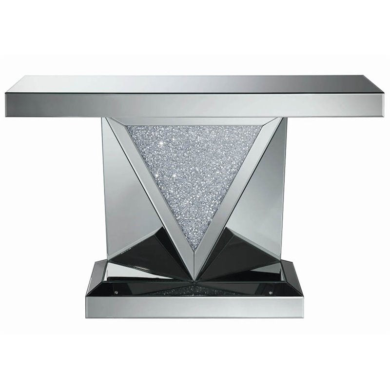 Rectangular Sofa Table with Triangle Detailing Silver and Clear Mirror