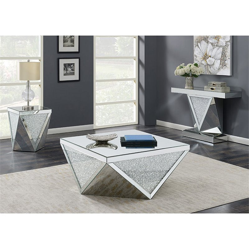 Square Coffee Table with Triangle Detailing Silver and Clear Mirror
