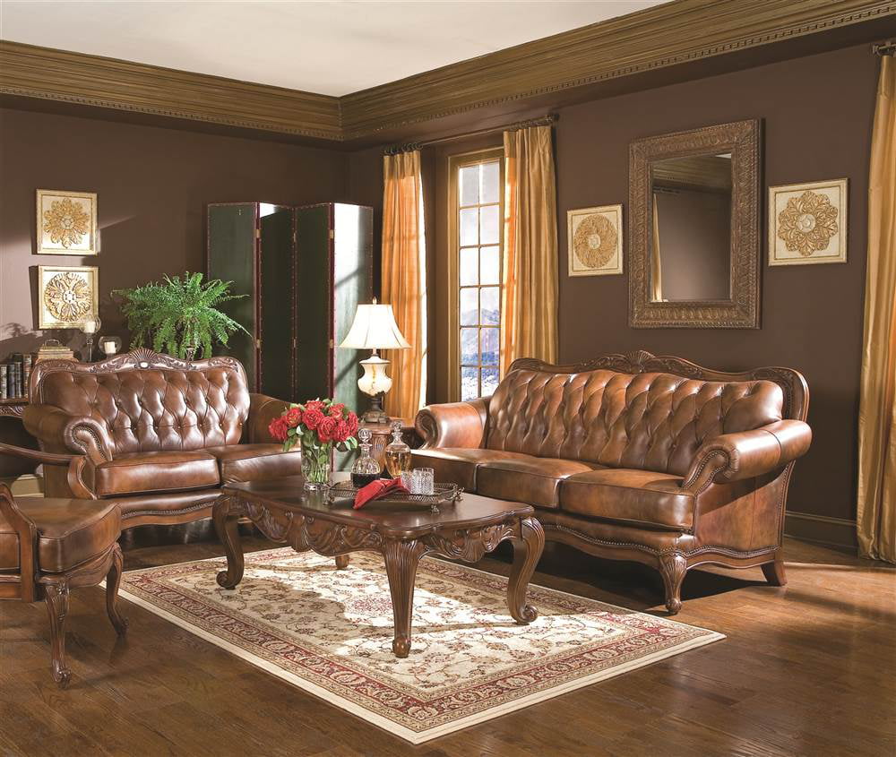 Victoria Upholstered Tufted Living Room Set Brown