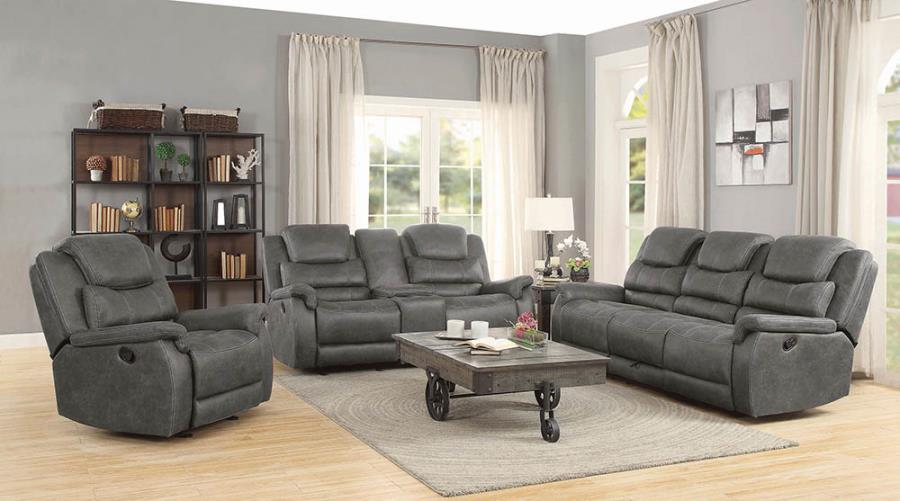 Wyatt Upholstered Motion Sofa with Drop-down Table Grey