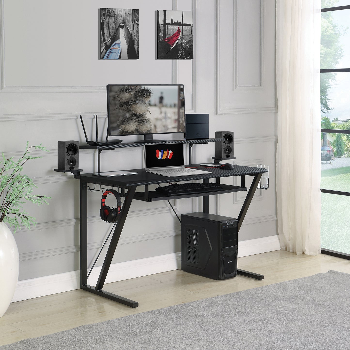 Tech Spec Gaming Desk with Cup Holder Gunmetal