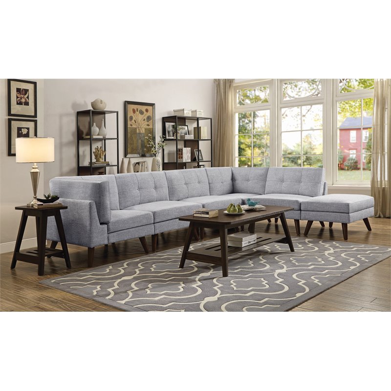 6-piece Upholstered Modular Tufted Sectional Grey and Walnut