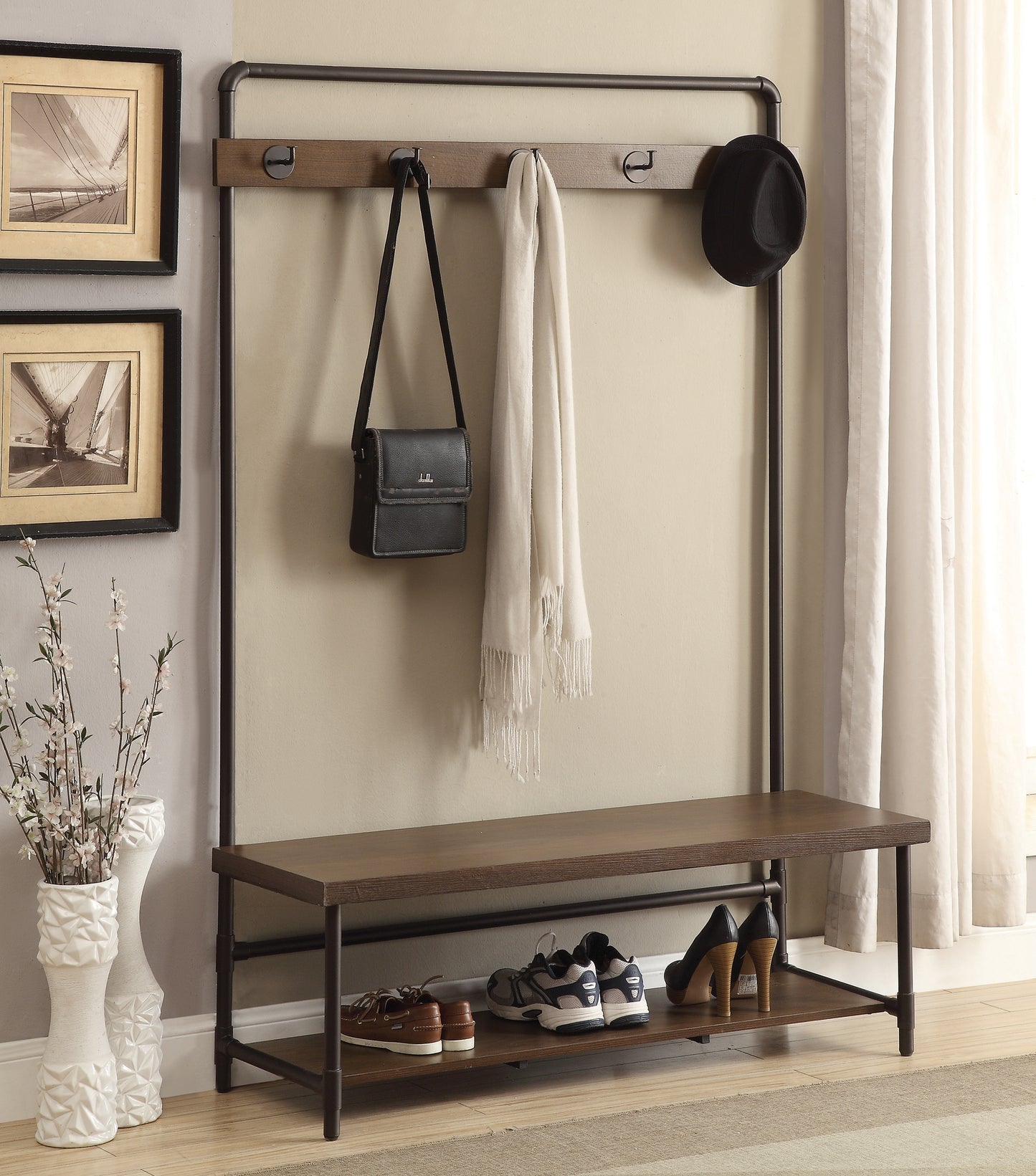 Hall Tree with 5 Coat Hooks Chestnut and Dark Bronze