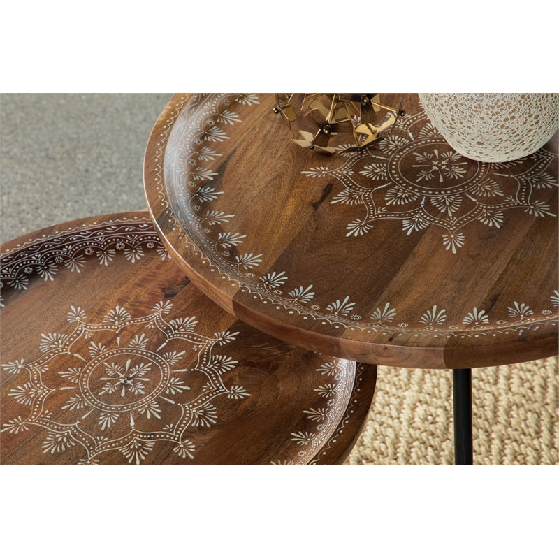 2-piece Round Nesting Table with Tripod Tapered Legs Honey and Black