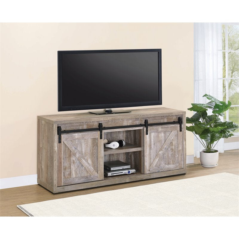 59-inch 3-shelf Sliding Doors TV Console Weathered Oak