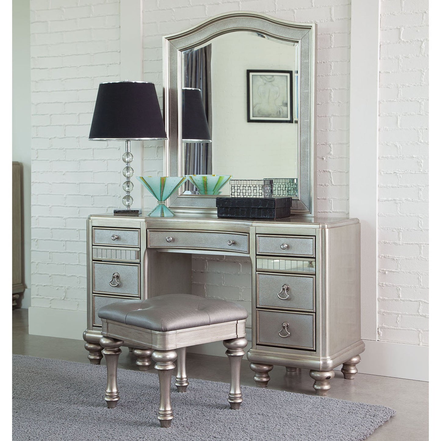 9-drawer Vanity Desk Metallic Platinum