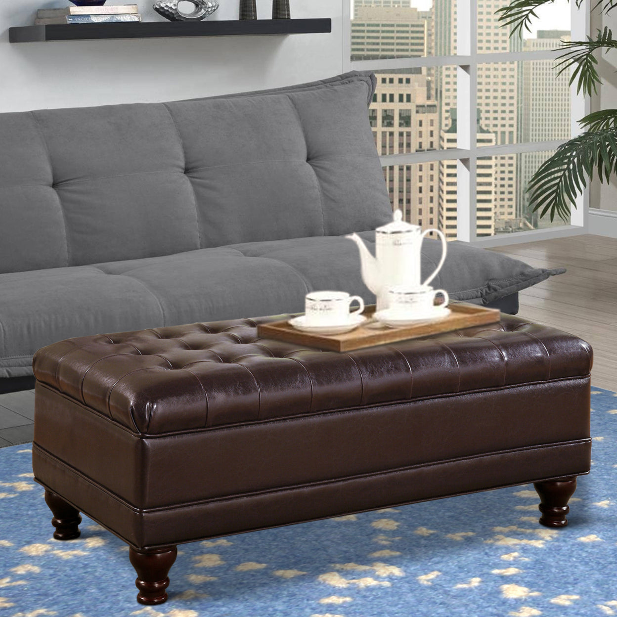 Tufted Storage Ottoman with Turned Legs Brown