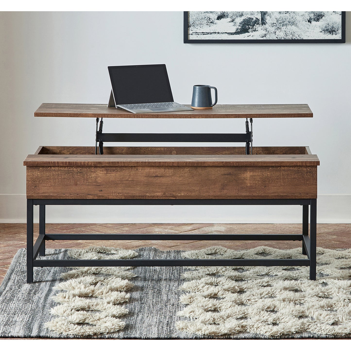Black Coffee Table with Hidden Storage Brown Oak and Sandy Black