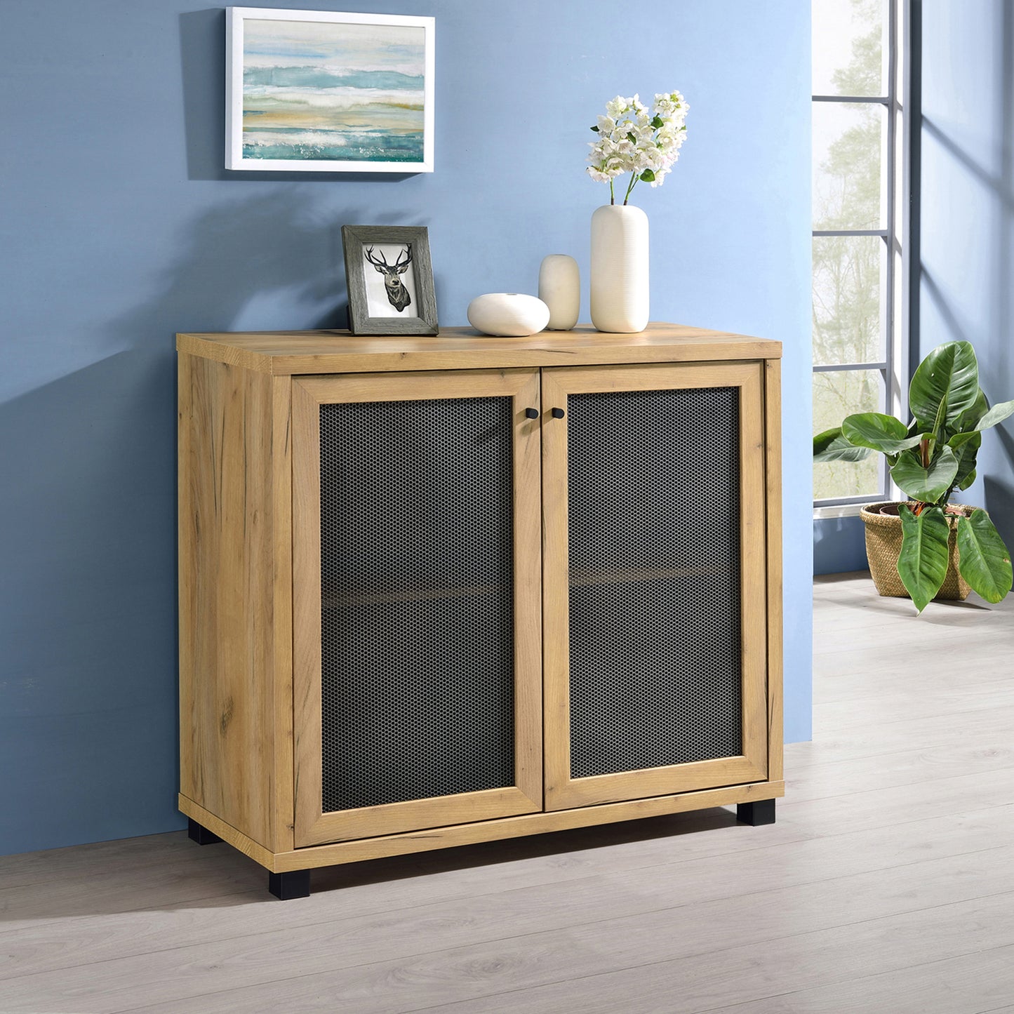 Accent Cabinet with Two Mesh Doors Golden Oak