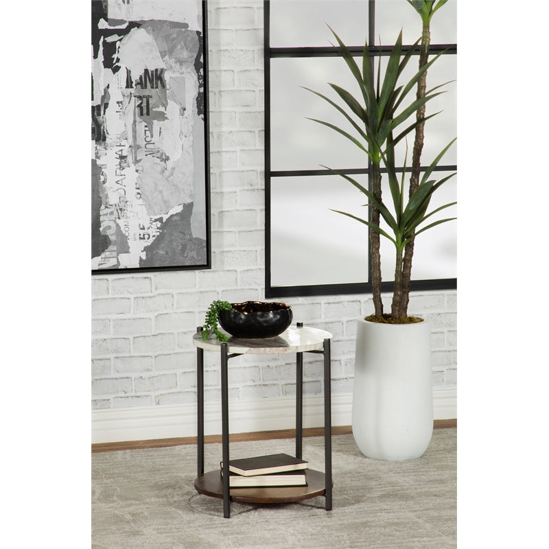 Round Accent Table with Marble Top White and Gunmetal