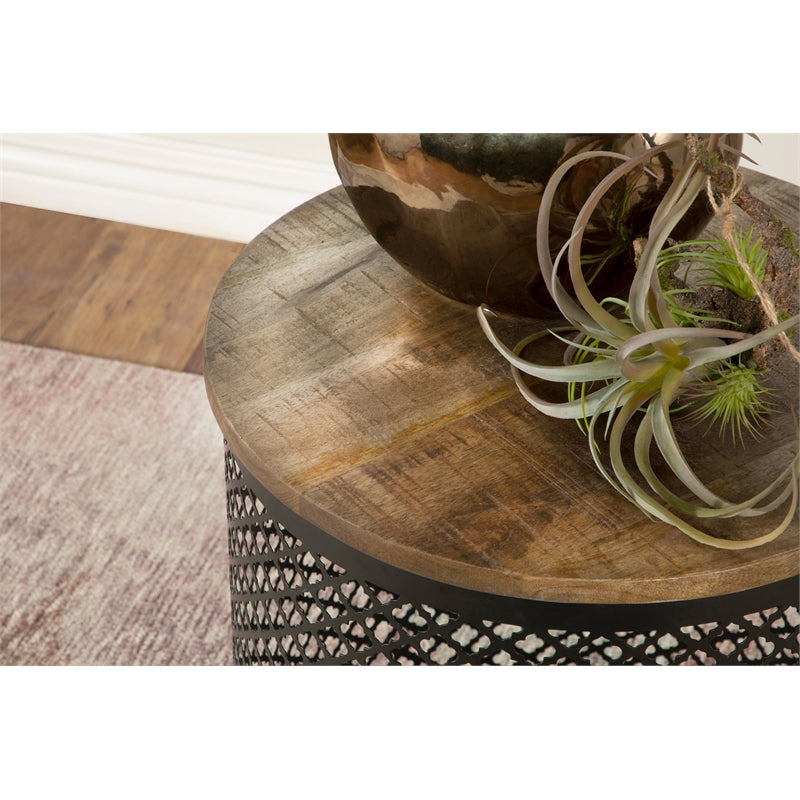 Round Accent Table with Drum Base Natural and Black