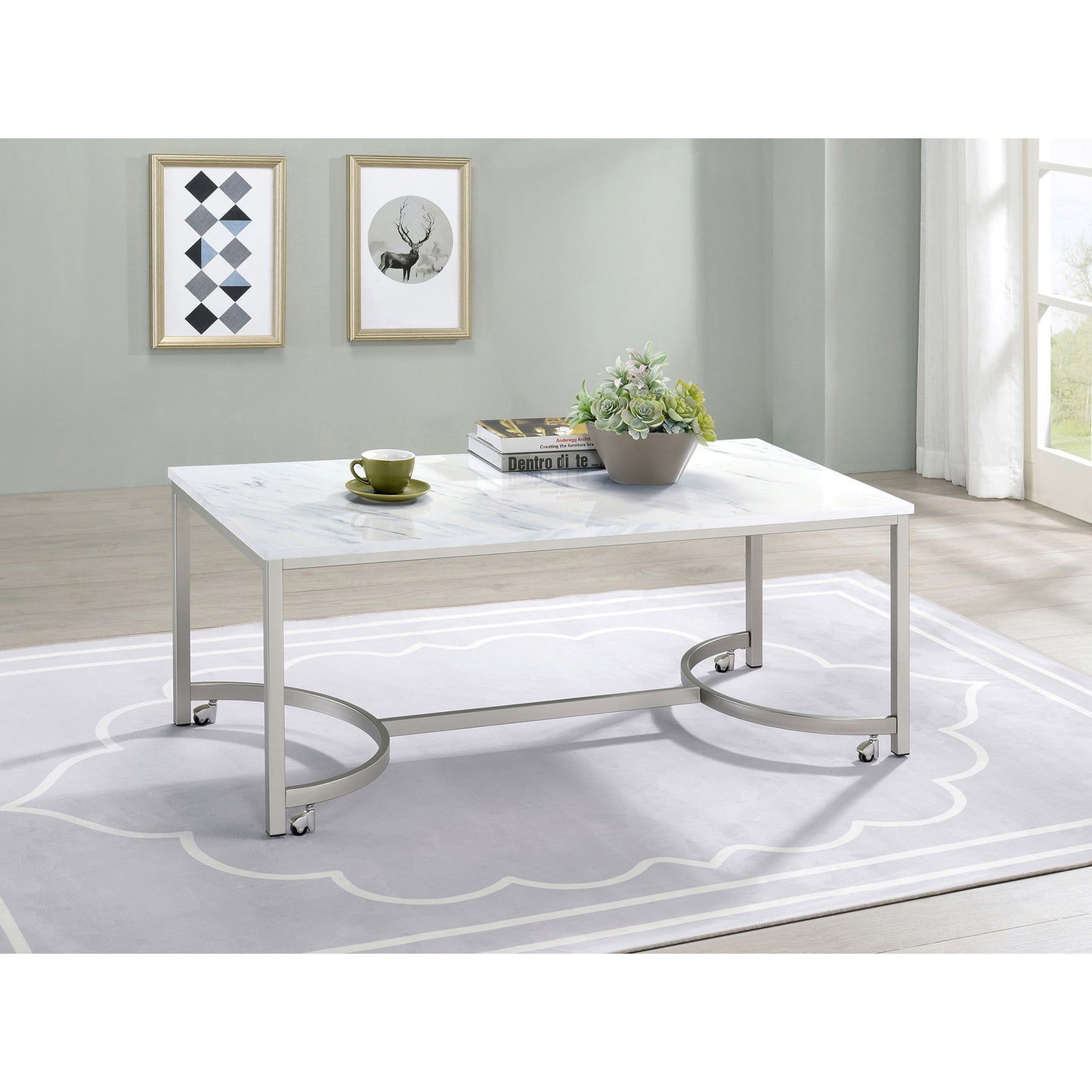 Coffee Table with Casters White and Satin Nickel