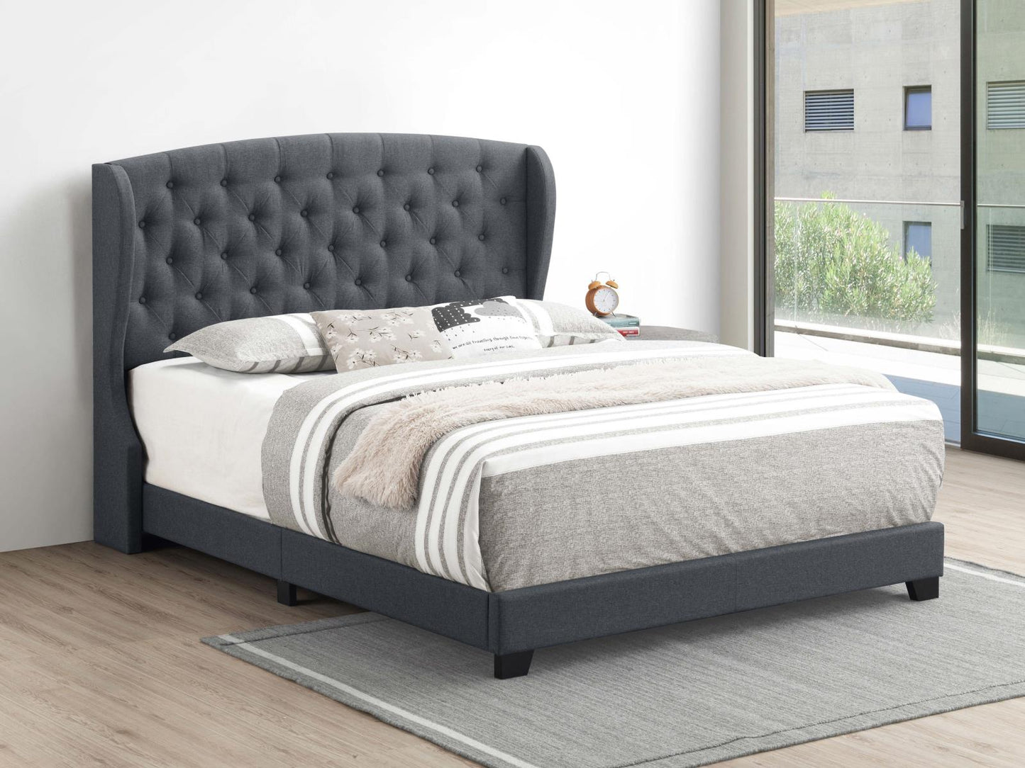 Krome Eastern King Upholstered Bed with Demi-wing Headboard Gunmetal