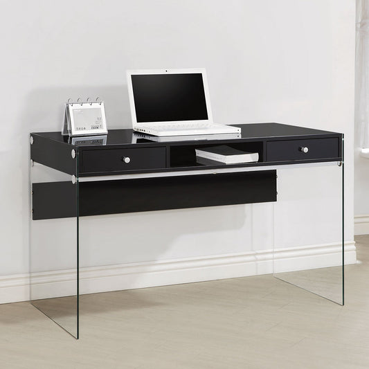 Dobrev 2-drawer Writing Desk Glossy Black and Clear