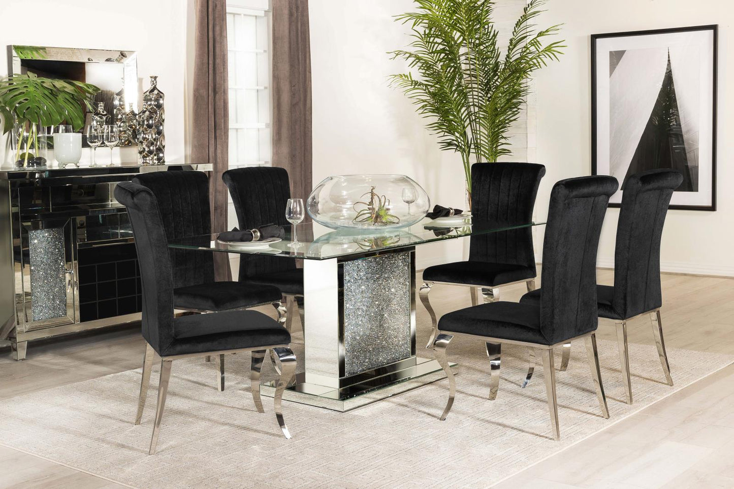 Marilyn 5-piece Rectangle Pedestal Dining Room Set Mirror and Black