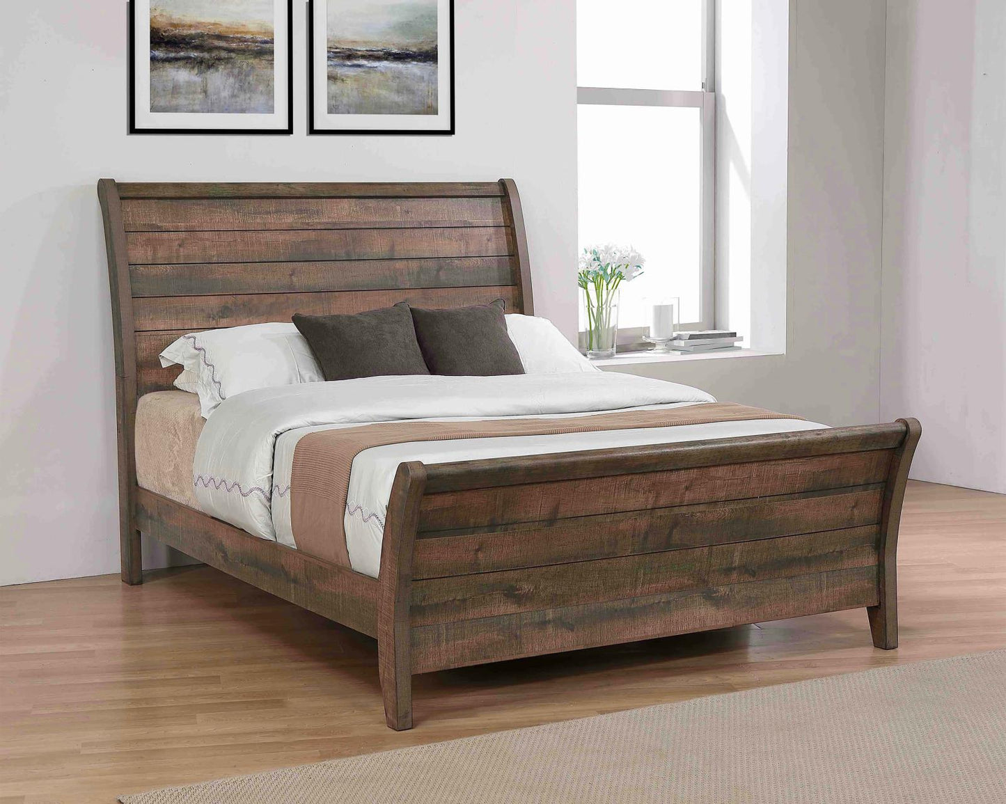 Frederick Queen Sleigh Panel Bed Weathered Oak