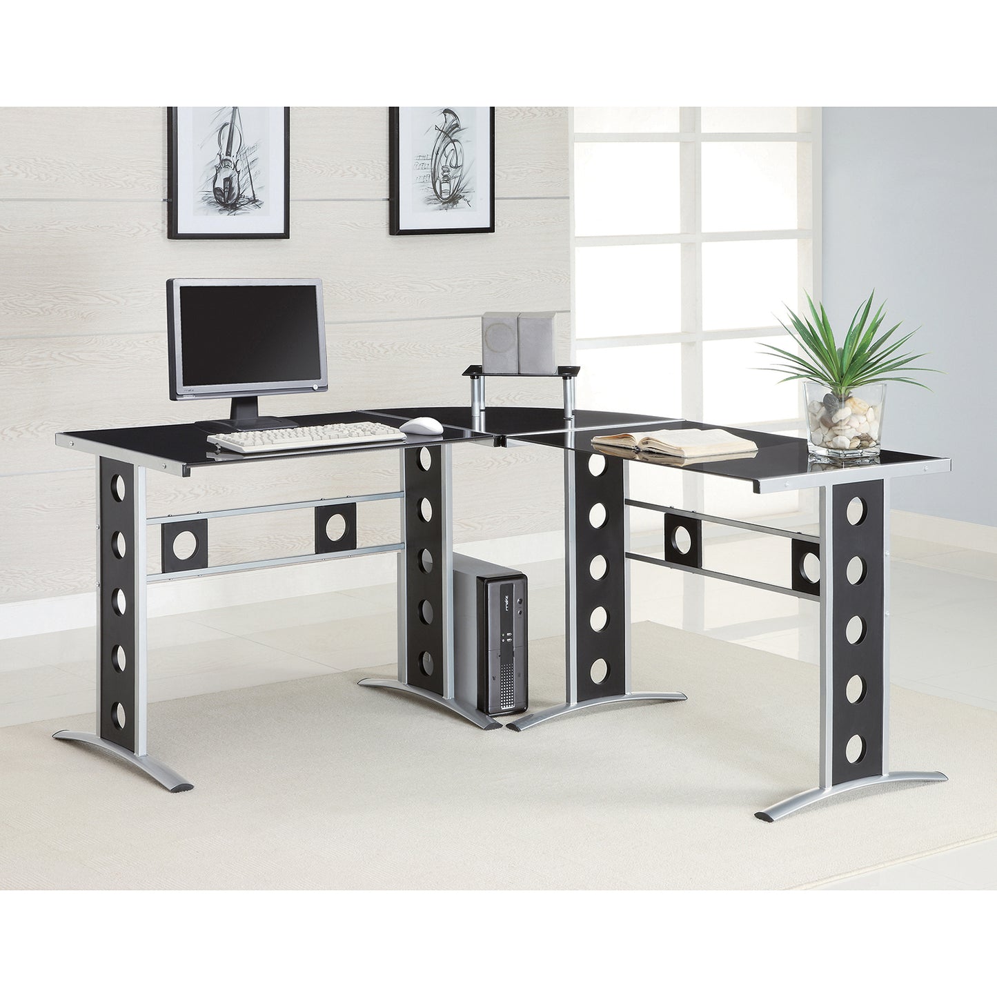 Keizer 3-piece L-shape Office Desk Set Black and Silver