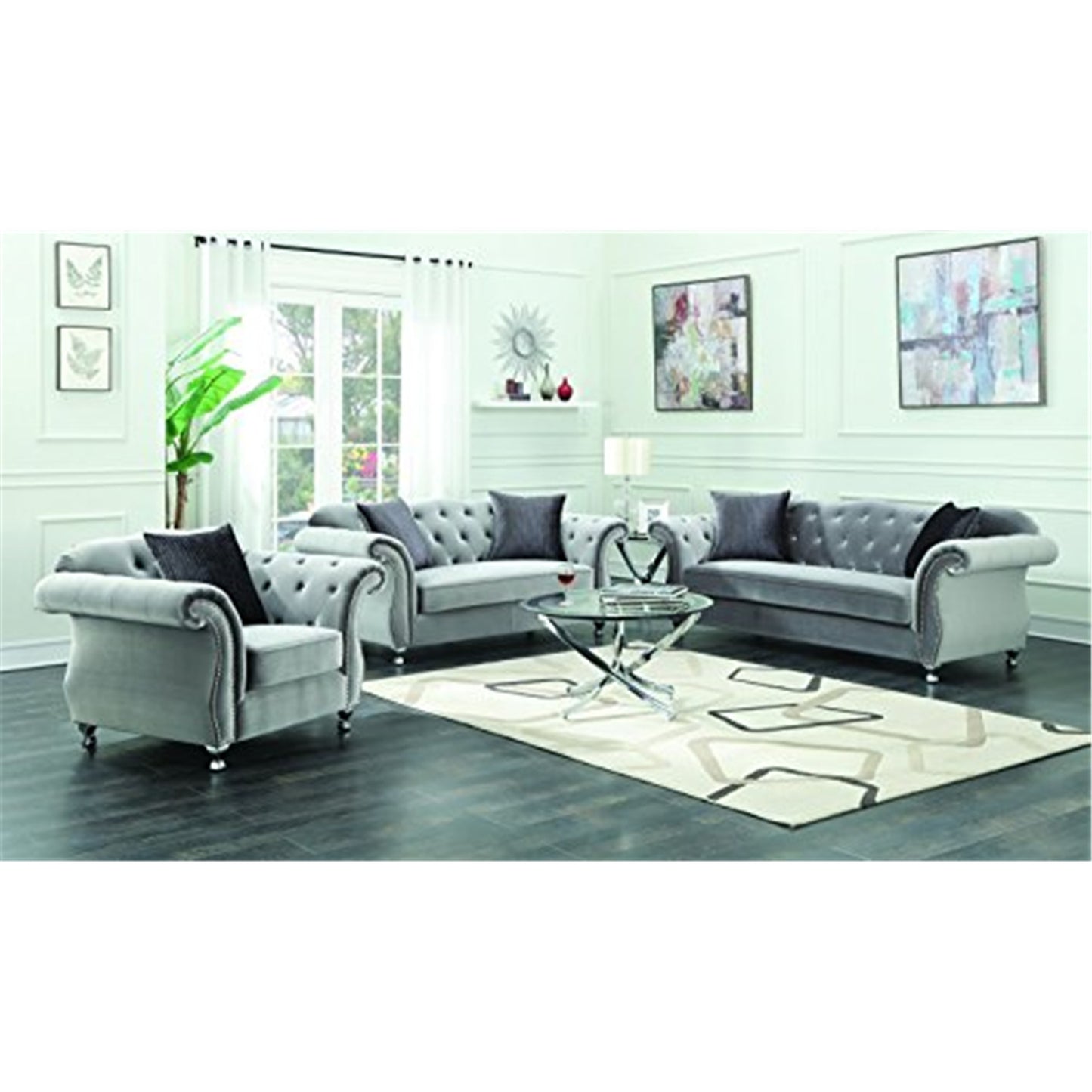 Frostine Upholstered Tufted Living Room Set Silver