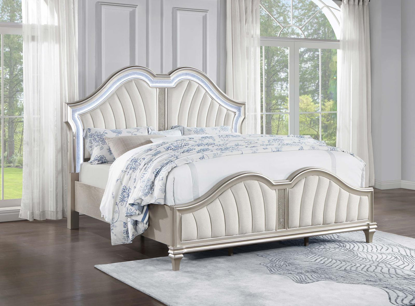 Evangeline Tufted Upholstered Platform Eastern King Bed Ivory and Silver Oak