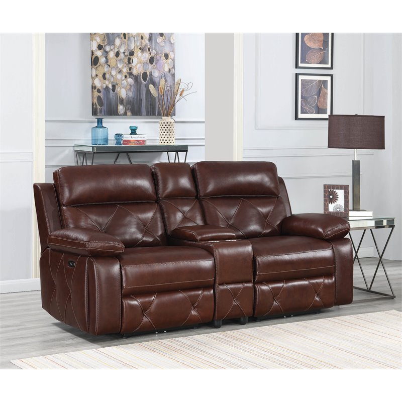 Chester Upholstered Power Reclining Seat and Power Headrest Loveseat with Console Chocolate