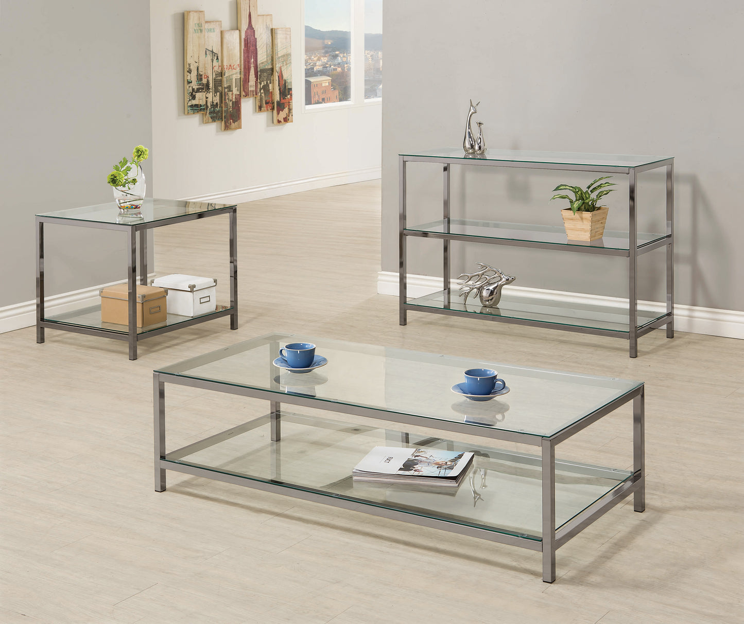 Ontario Coffee Table with Glass Shelf Black Nickel