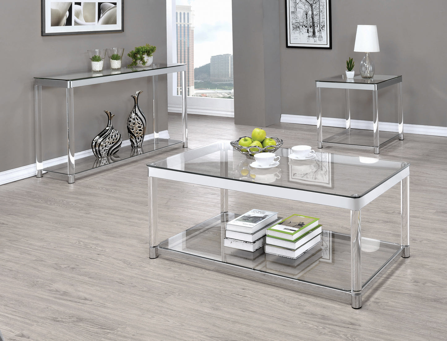 Claude Sofa Table with Lower Shelf Chrome and Clear