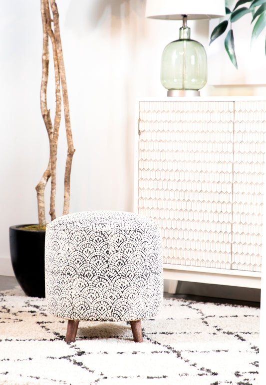 Round Upholstered Accent Stool Cream and Black