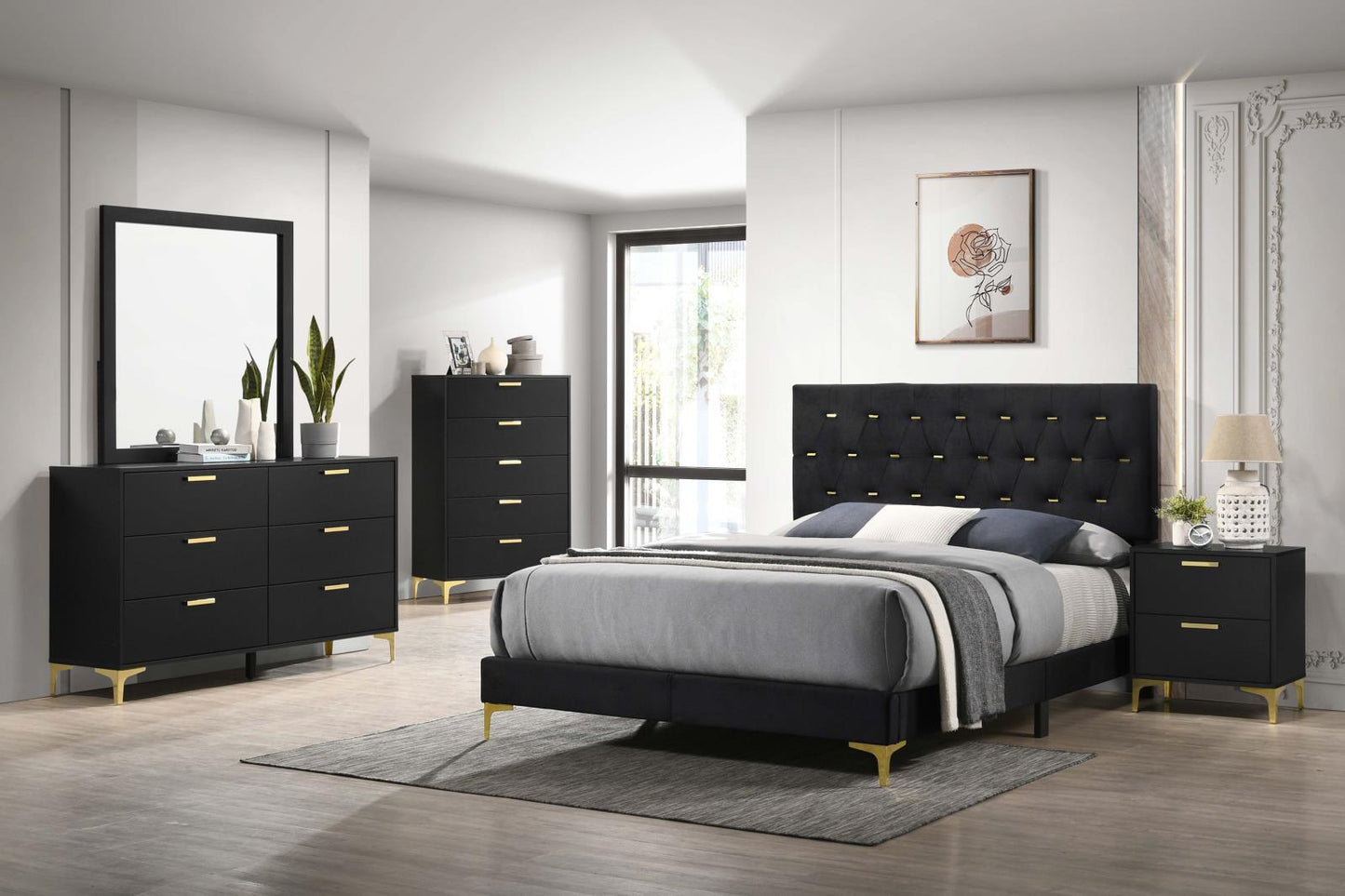 Kendall 5-piece Tufted Panel Eastern King Bedroom Set Black and Gold