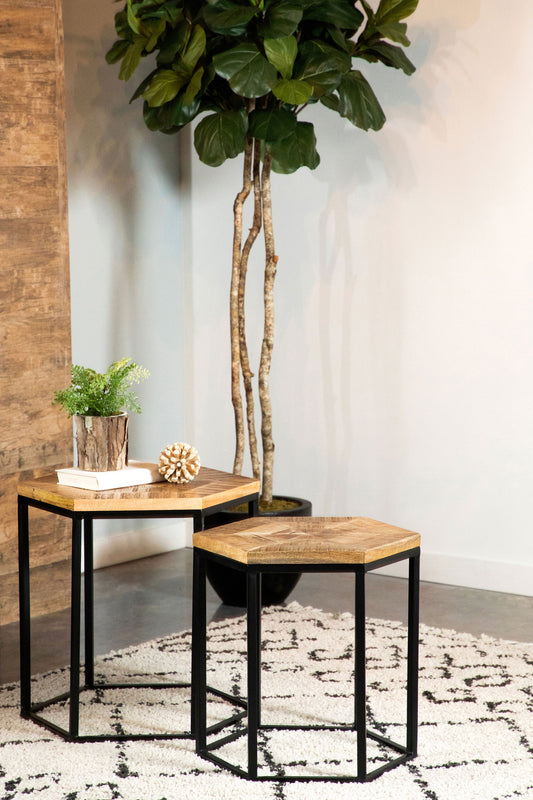 Round Accent Table with Marble Shelf Natural and Black