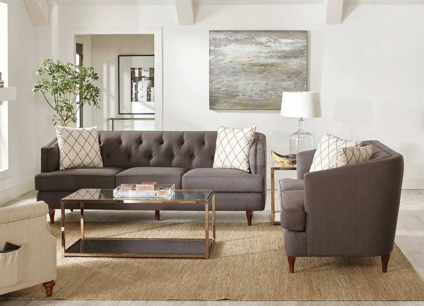 Shelby Recessed Arms and Tufted Tight Back Sofa Grey and Brown