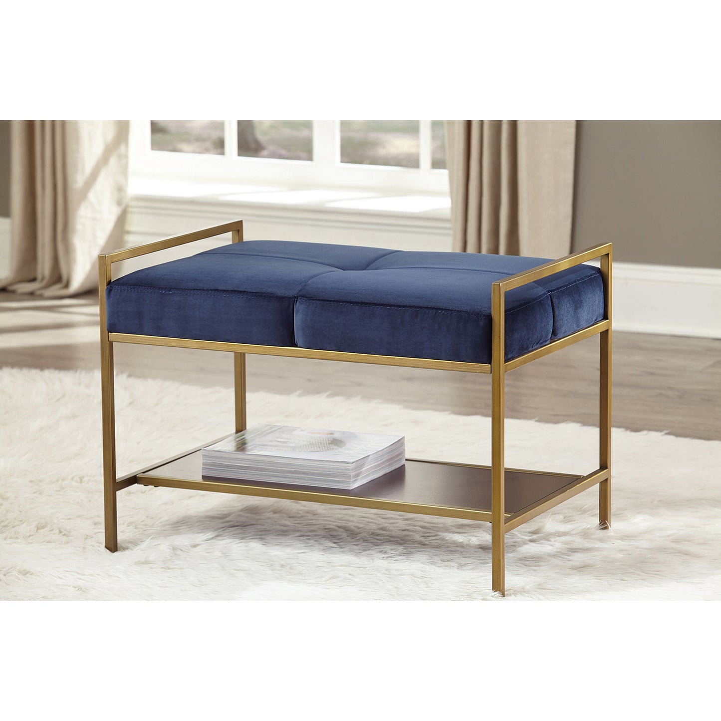 Upholstered Stool Navy Blue and Gold