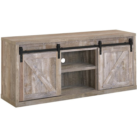 59-inch 3-shelf Sliding Doors TV Console Weathered Oak