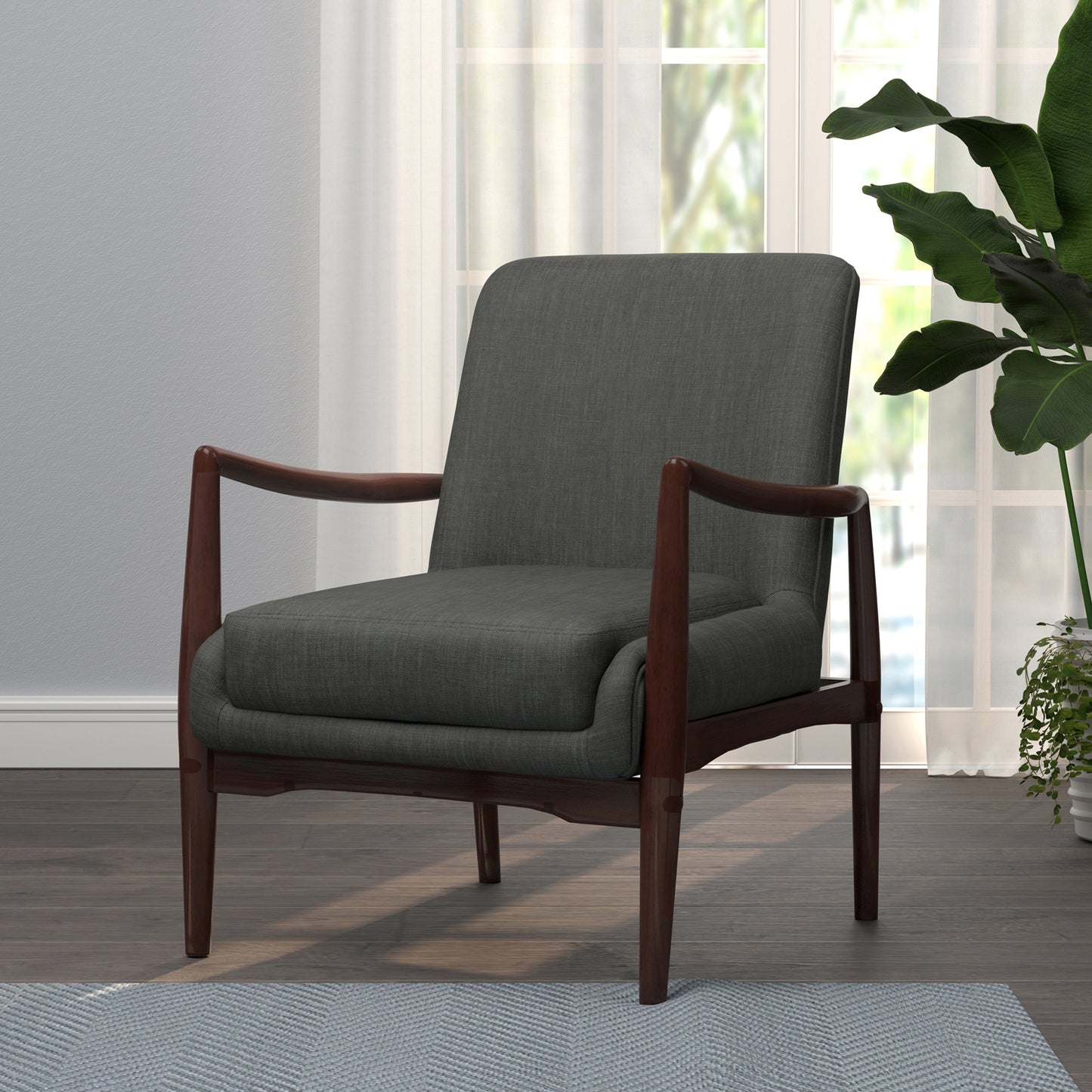 Upholstered Accent Chair with Wooden Arm Dark Grey and Brown