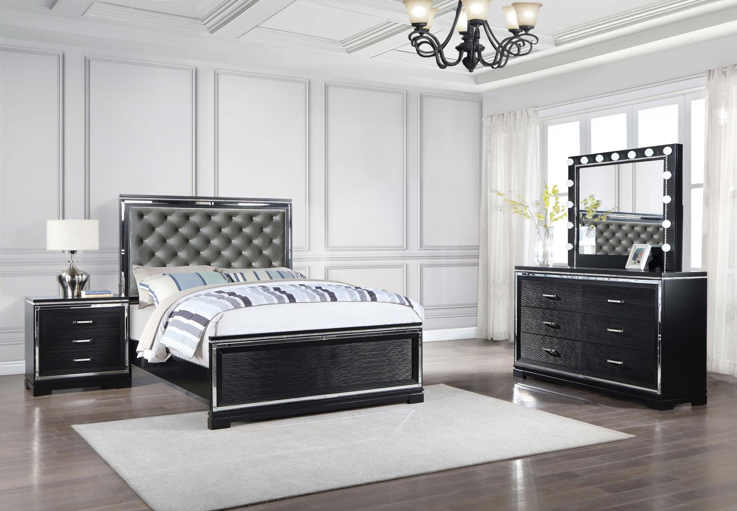 Eleanor Upholstered Tufted Bedroom Set Silver and Black