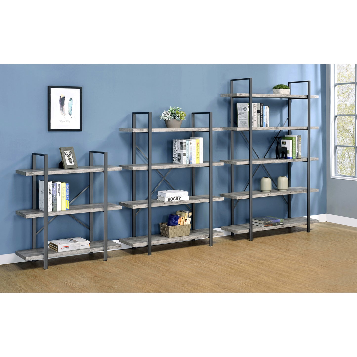 Cole 5-Shelf Bookcase Grey Driftwood and Gunmetal