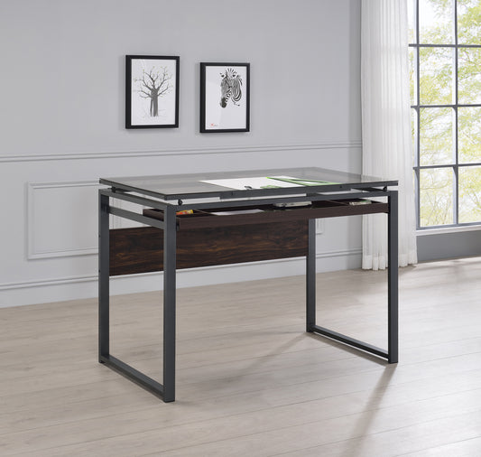 Pantano Glass Top Drafting Desk Dark Gunmetal and Chestnut