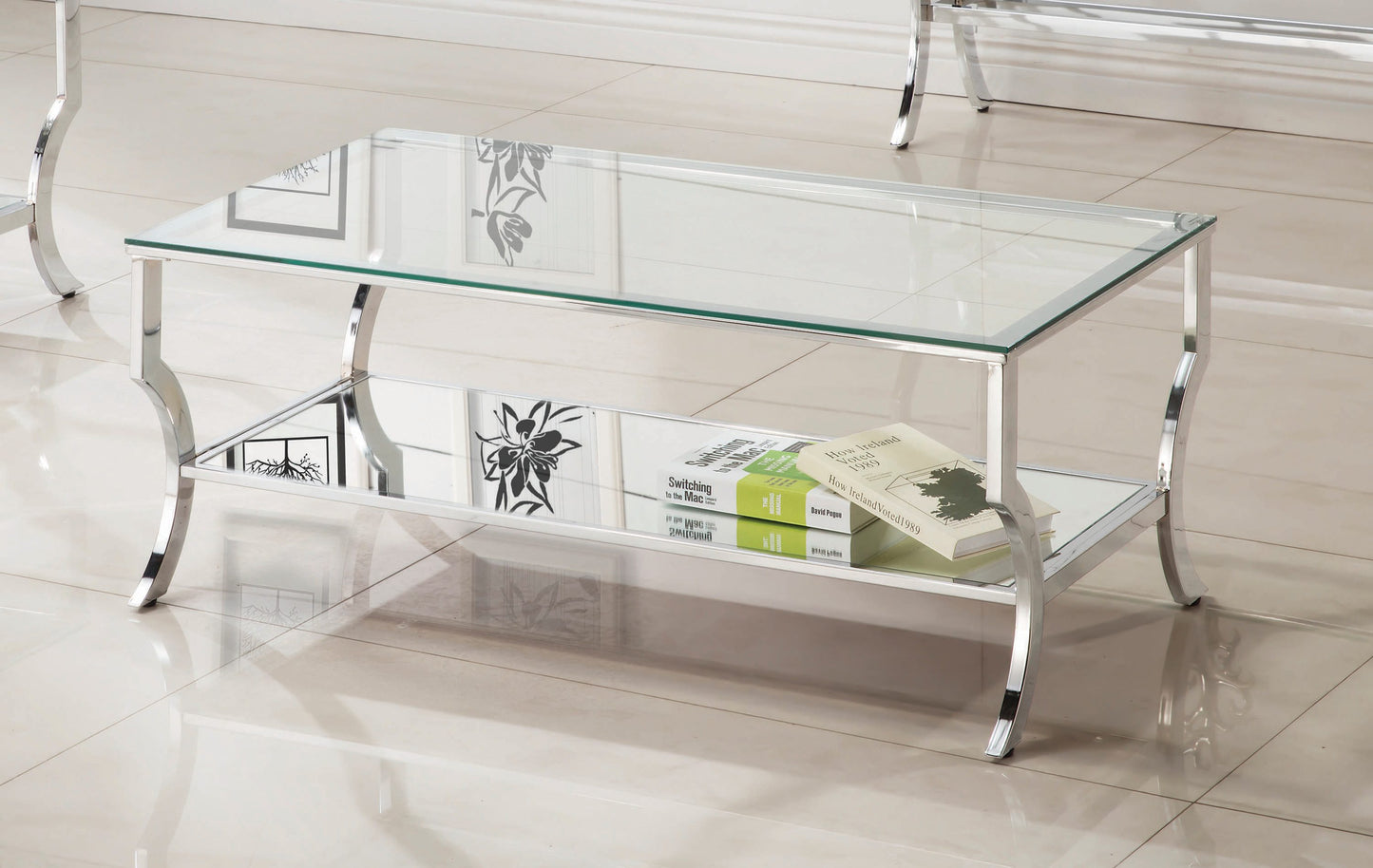 Rectangular Coffee Table with Mirrored Shelf Chrome