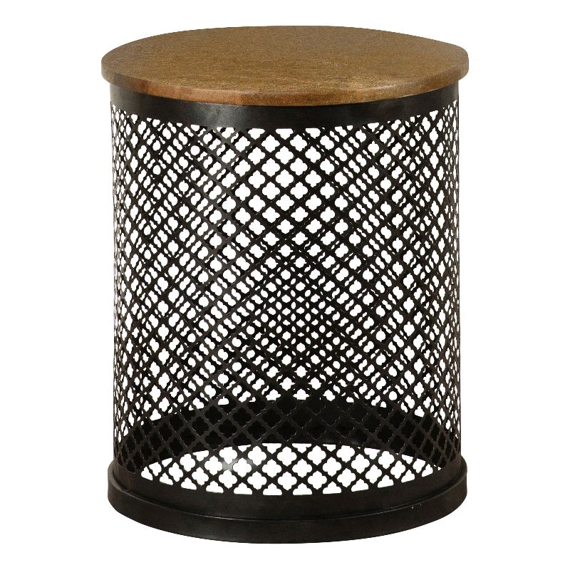 Round Accent Table with Drum Base Natural and Black