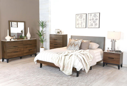 Mays 5-piece Upholstered Eastern King Bedroom Set Walnut Brown and Grey