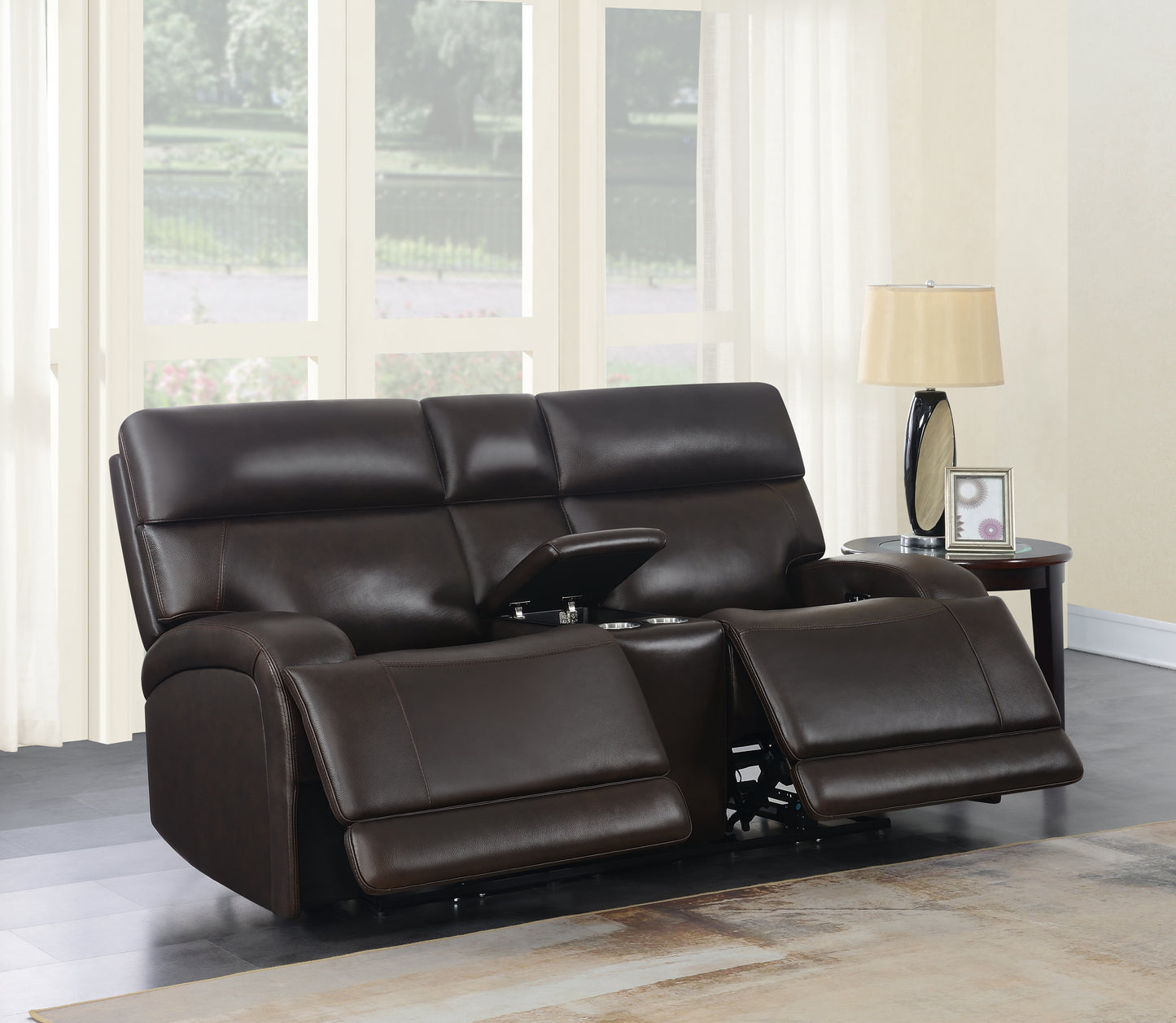 Longport Upholstered Power Loveseat with Console Dark Brown