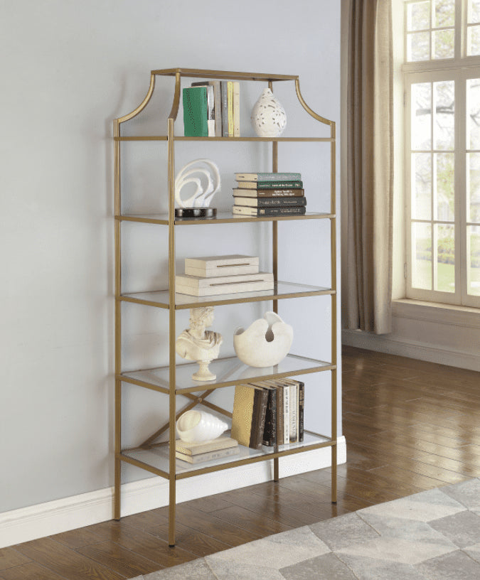 5-tier Tempered Glass Shelves Bookcase Matte Gold