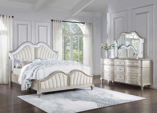 Evangeline 3-piece Upholstered Platform Eastern King Bedroom Set Ivory and Silver Oak