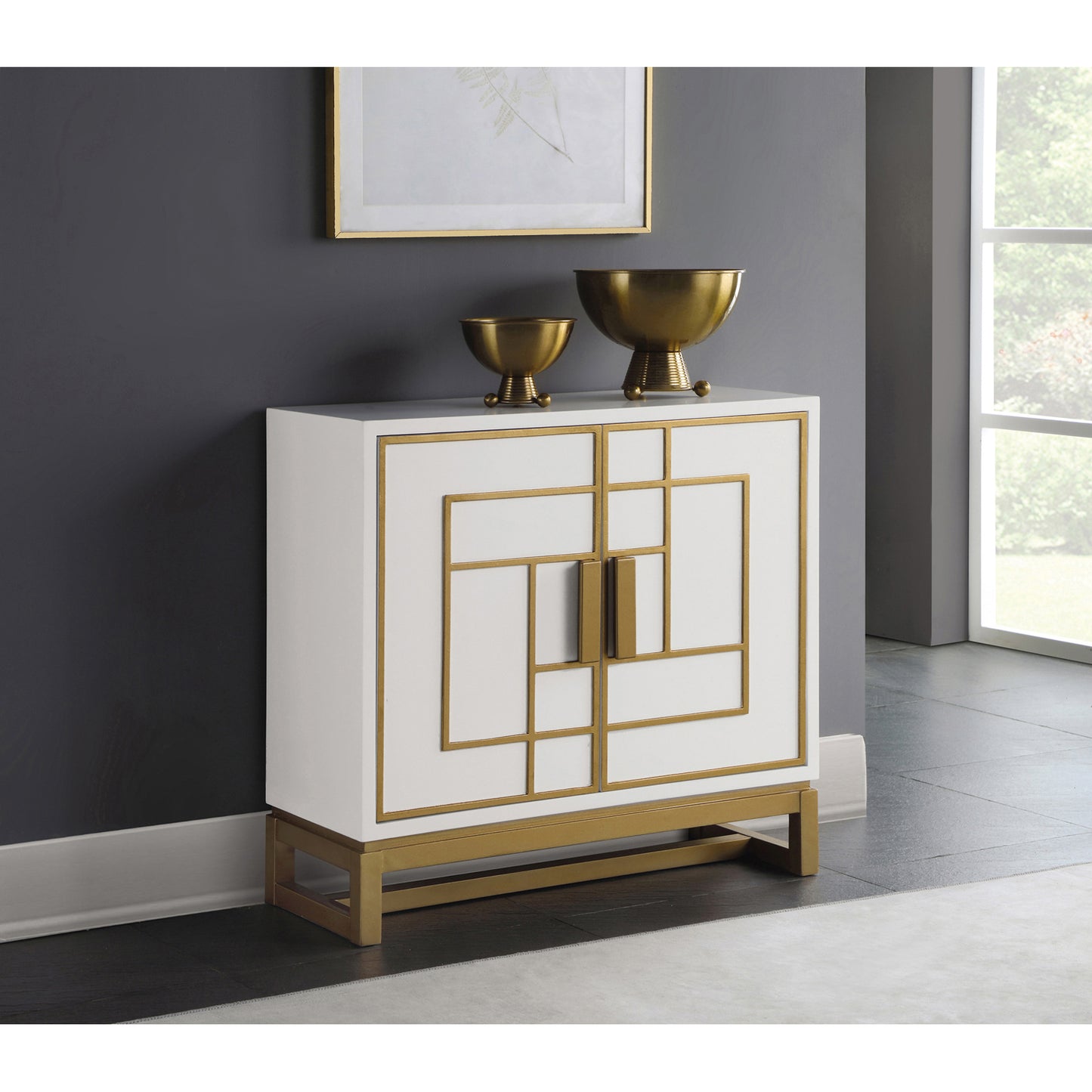 Rectangular 2-door Accent Cabinet White and Gold