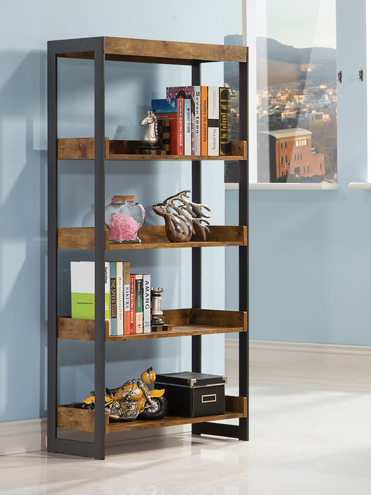 Estrella 4-shelf Bookcase Antique Nutmeg and Gunmetal