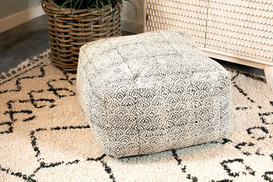 Square Upholstered Floor Pouf Cream and Black