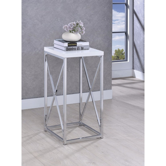 Accent Table with X-cross Glossy White and Chrome