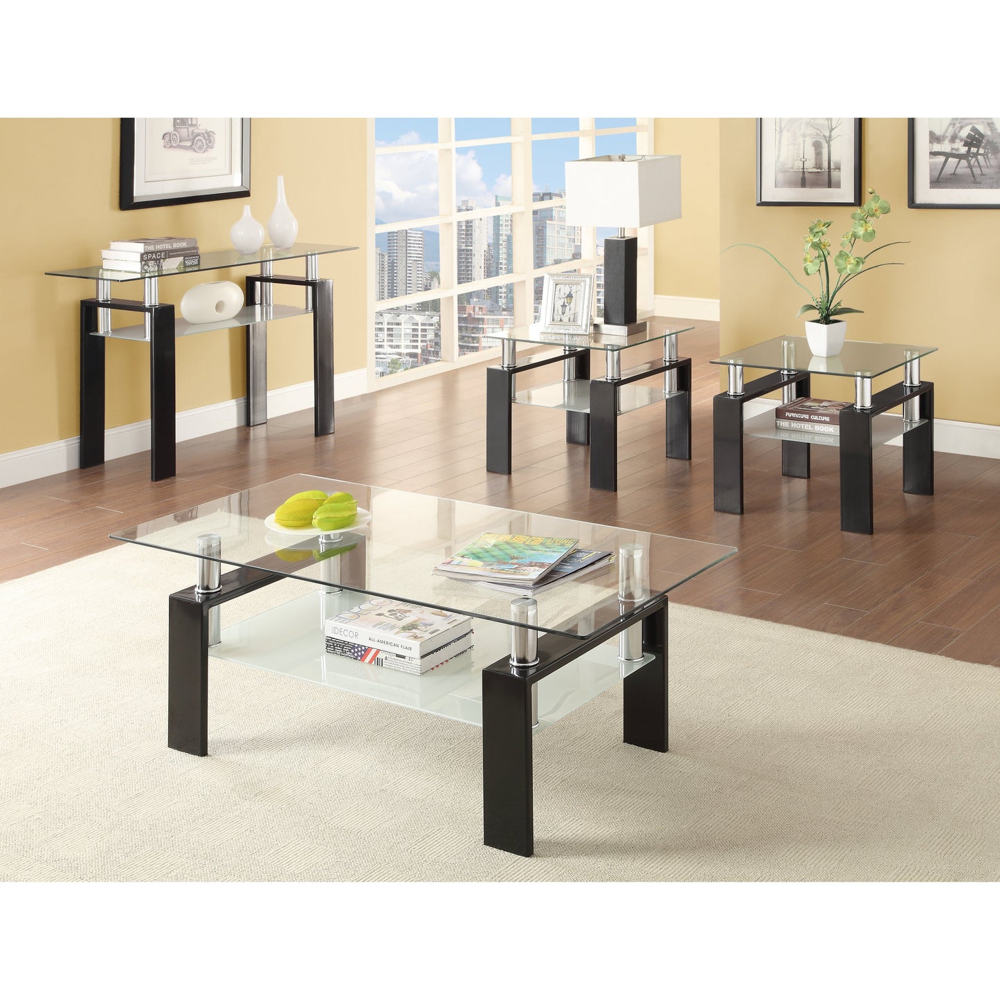 Tempered Glass End Table with Shelf Black