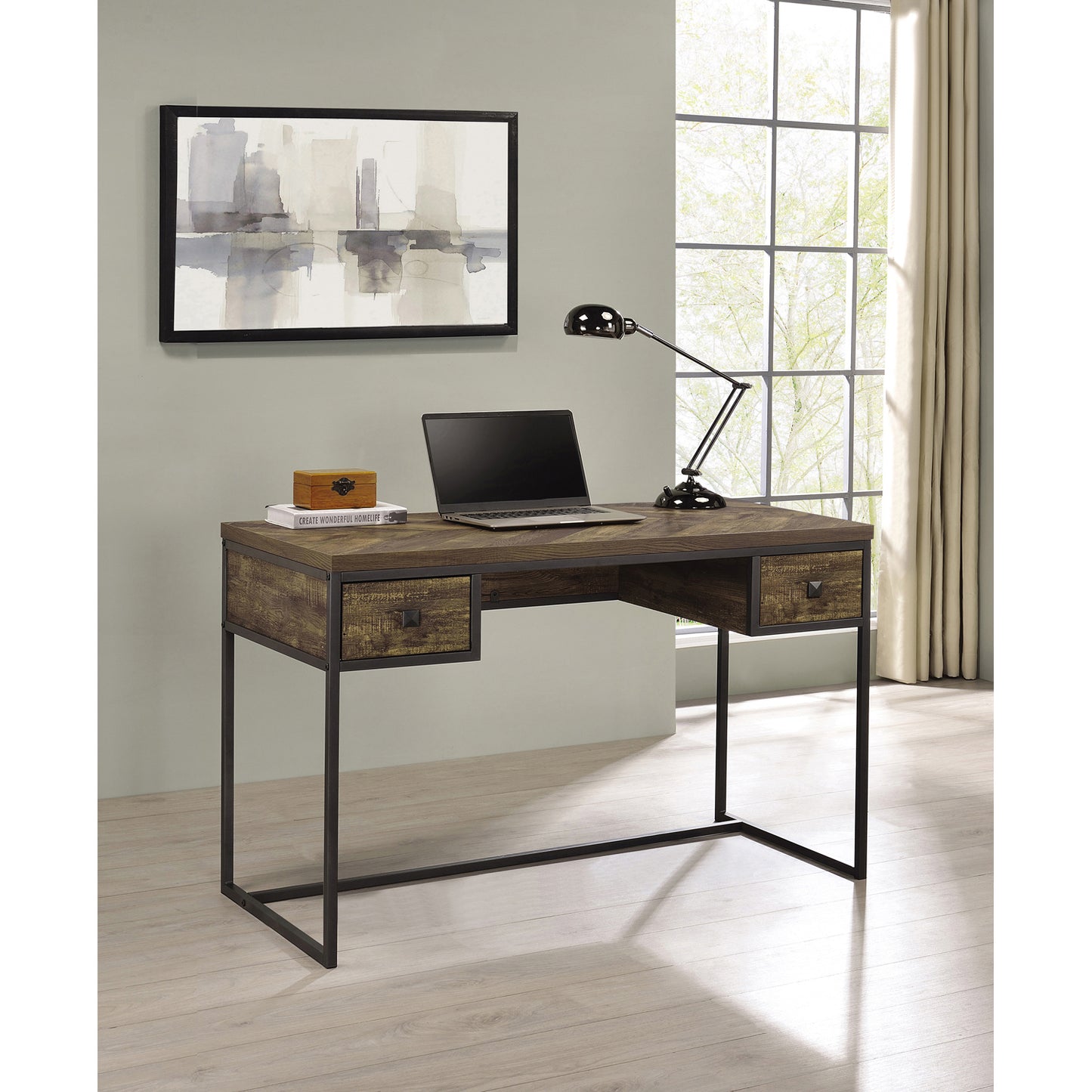 Millbrook 2-drawer Writing Desk Rustic Oak Herringbone and Gunmetal