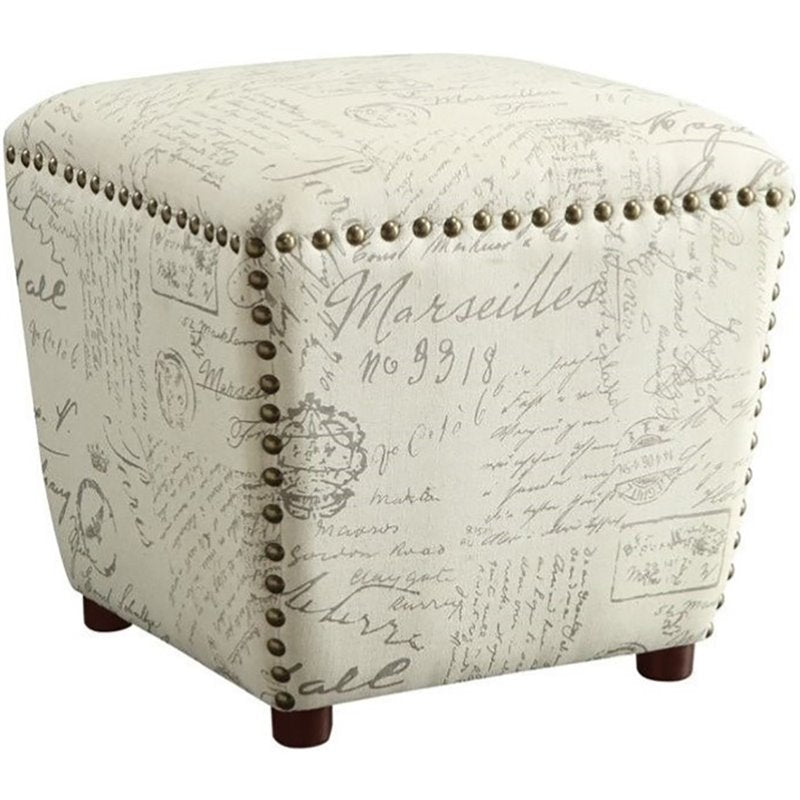 Upholstered Ottoman with Nailhead Trim Off White and Grey