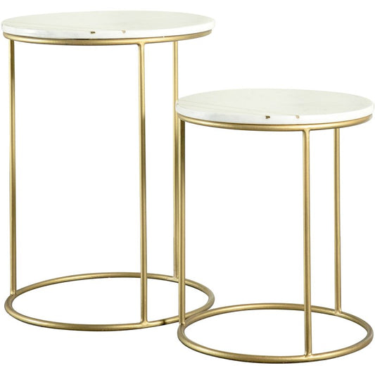 2-piece Round Marble Top Nesting Tables White and Gold